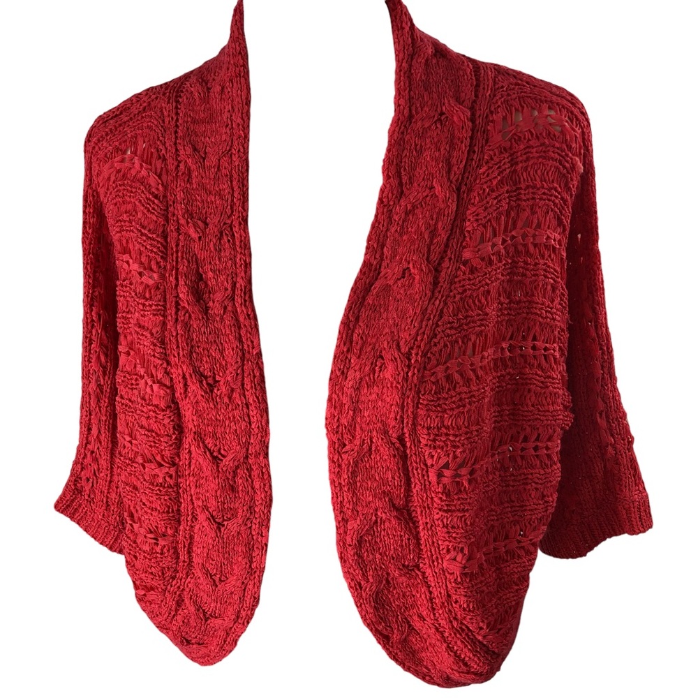 Sarah Spencer Ribbon Knit Shrug Women L Tomato Red Open Front Loose Knit Stitch